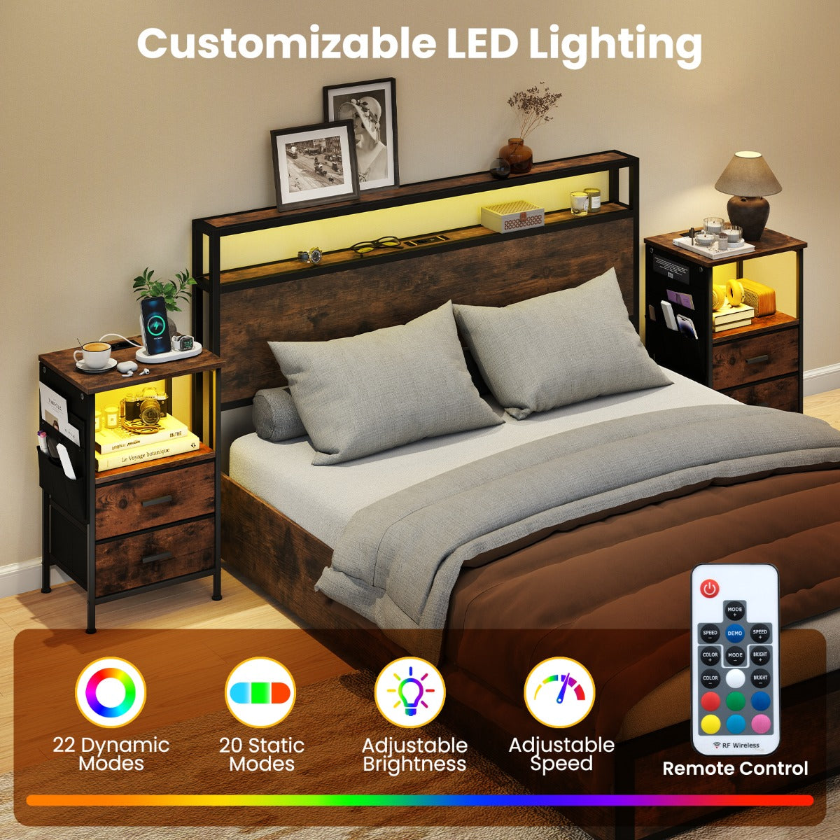 LIVSK Bijzettafel met Oplaadstation - Stevig Metalen Frame - LED Verlichting met Afstandsbediening - Opvouwbare Lades - Rustiek