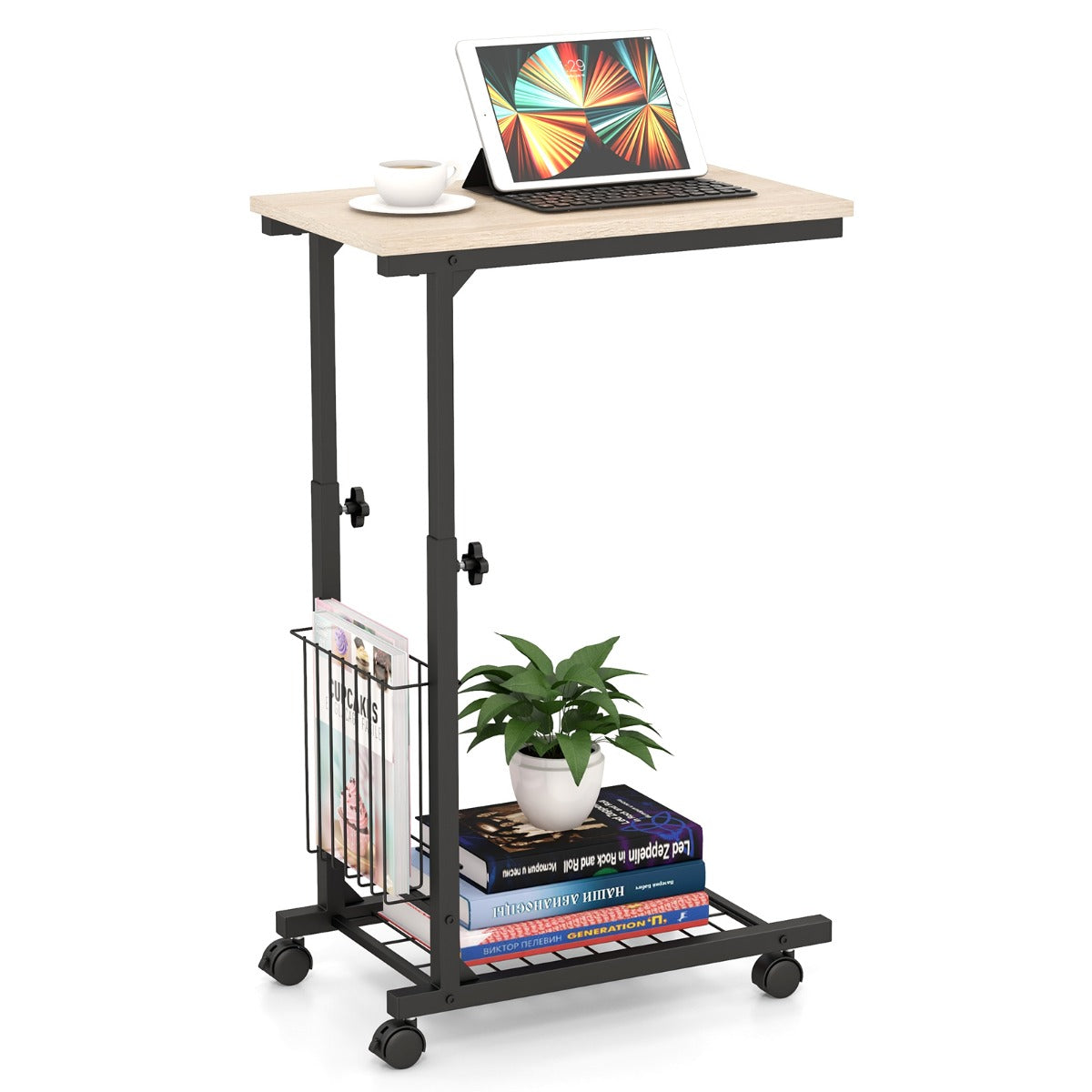 LIVSK C-vormige Bijzettafel met Wieltjes - Hoogte Verstelbaar - Opbergmand en Netrek - Ideaal voor Bank en Bed - 50 x 30 x 80 cm