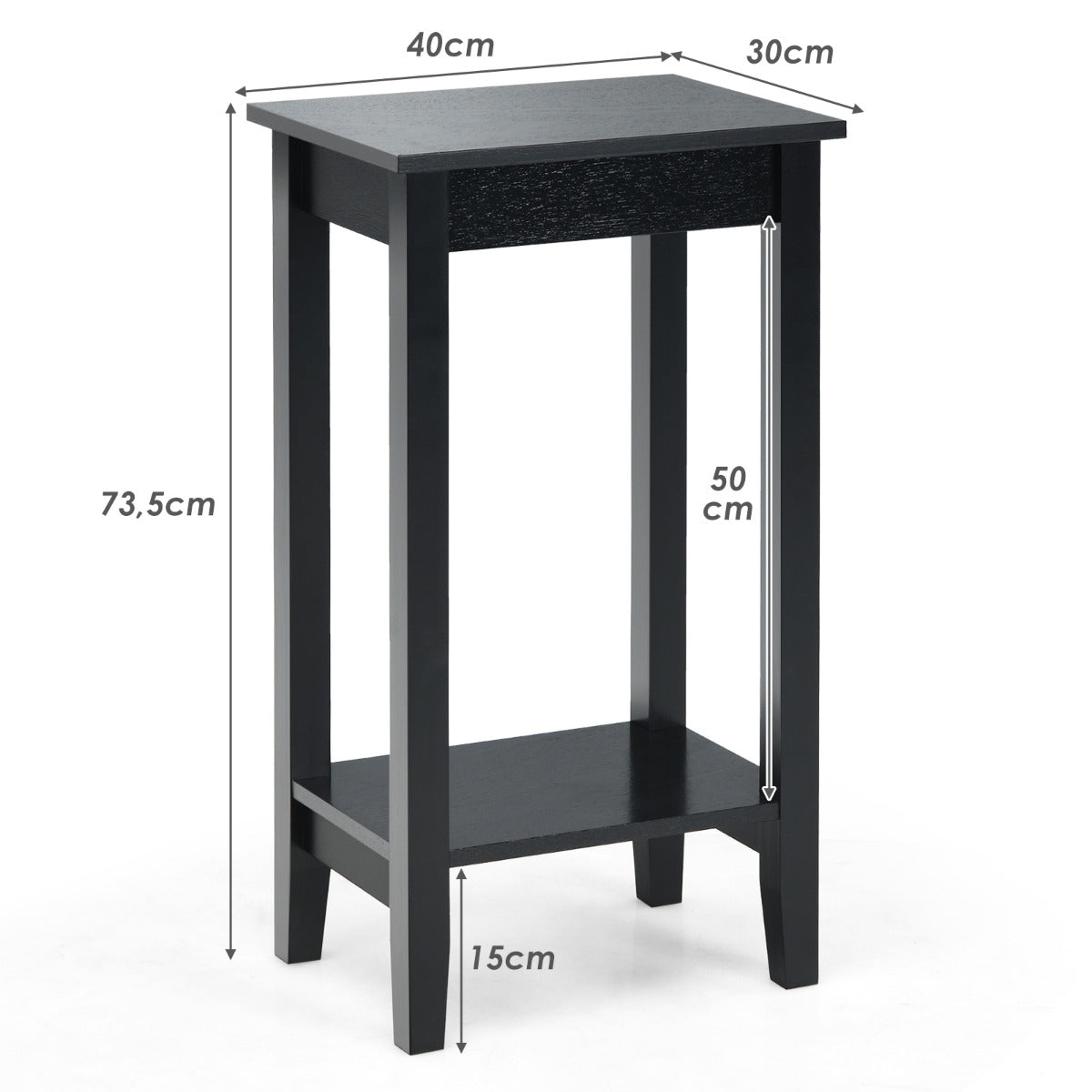 LIVSK Bijzettafel - 2-Laags Houten Ontwerp - Stevige Constructie - Ruimtebesparend - Multifunctioneel - 40 x 30 x 73,5 cm - Zwart