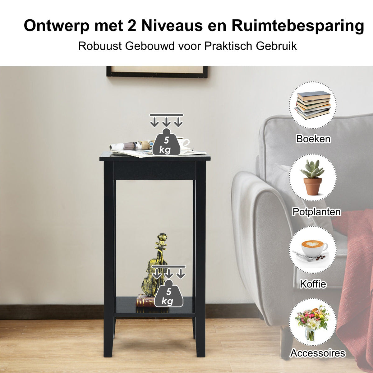 LIVSK Bijzettafel - 2-Laags Houten Ontwerp - Stevige Constructie - Ruimtebesparend - Multifunctioneel - 40 x 30 x 73,5 cm - Zwart