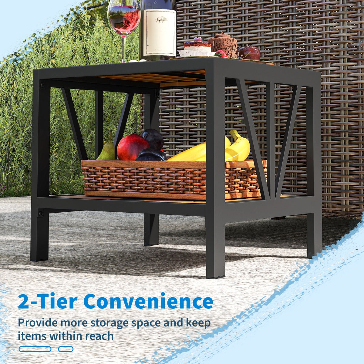 LIVSK Terrasbijzettafel - Stevig Metaal - 2 Niveaus met Opbergruimte - Parasolgat - Tot 50 kg - 52 x 46 x 45 cm - Zwart en naturel