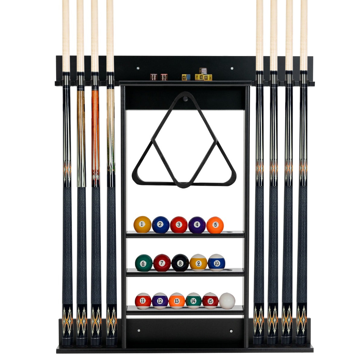 LIVSK Biljartkeu-rek Wandmontage - 8 Clips voor Keus - 3-traps Kogelhaken voor 15 Ballen - Compact en Duurzaam - Zwart