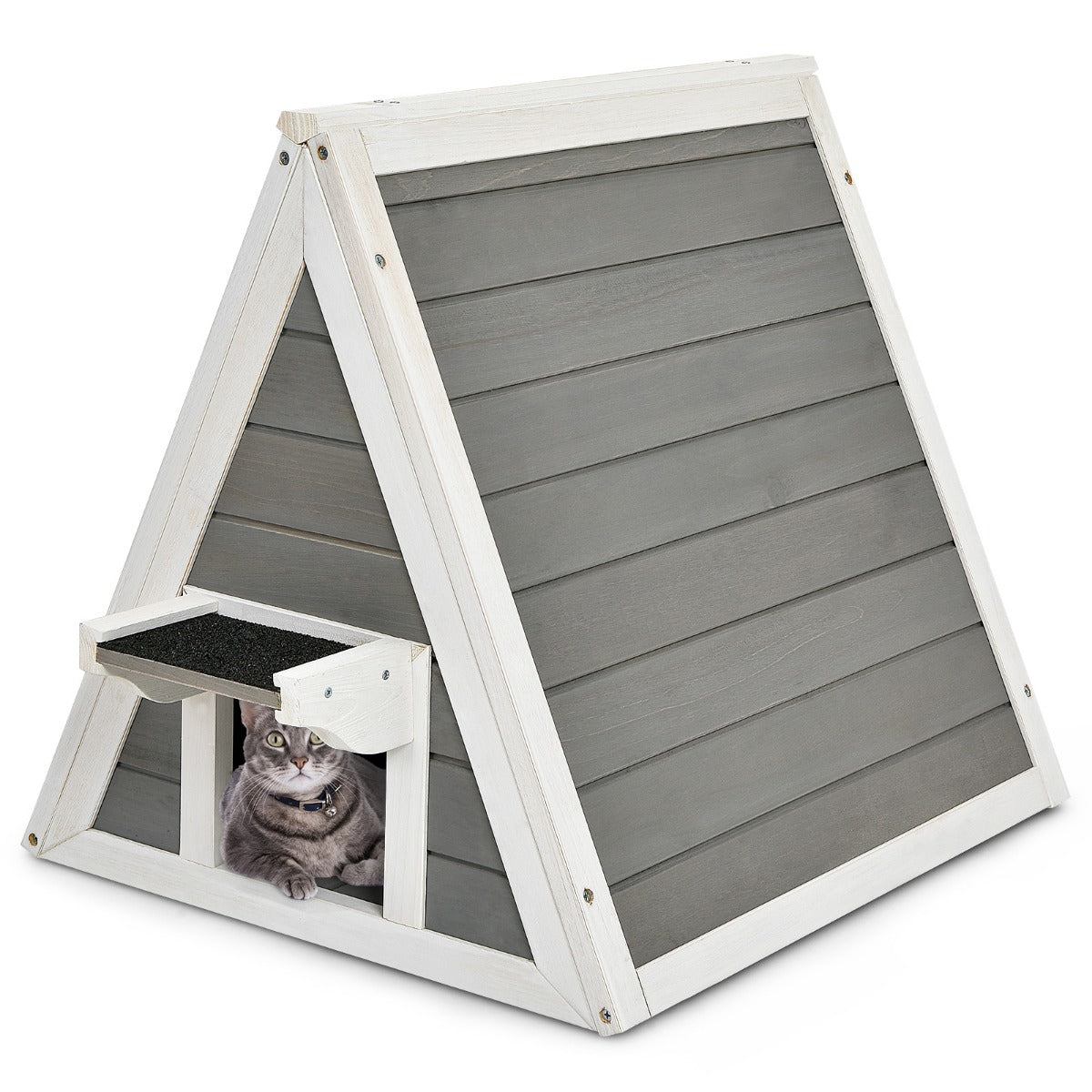 LIVSK Driehoekig Houten Kattenhuis - Weerbestendig en Comfortabel - Voor Kittens en Kleine Dieren - 50 x 55 x 52 cm - Grijs/Wit