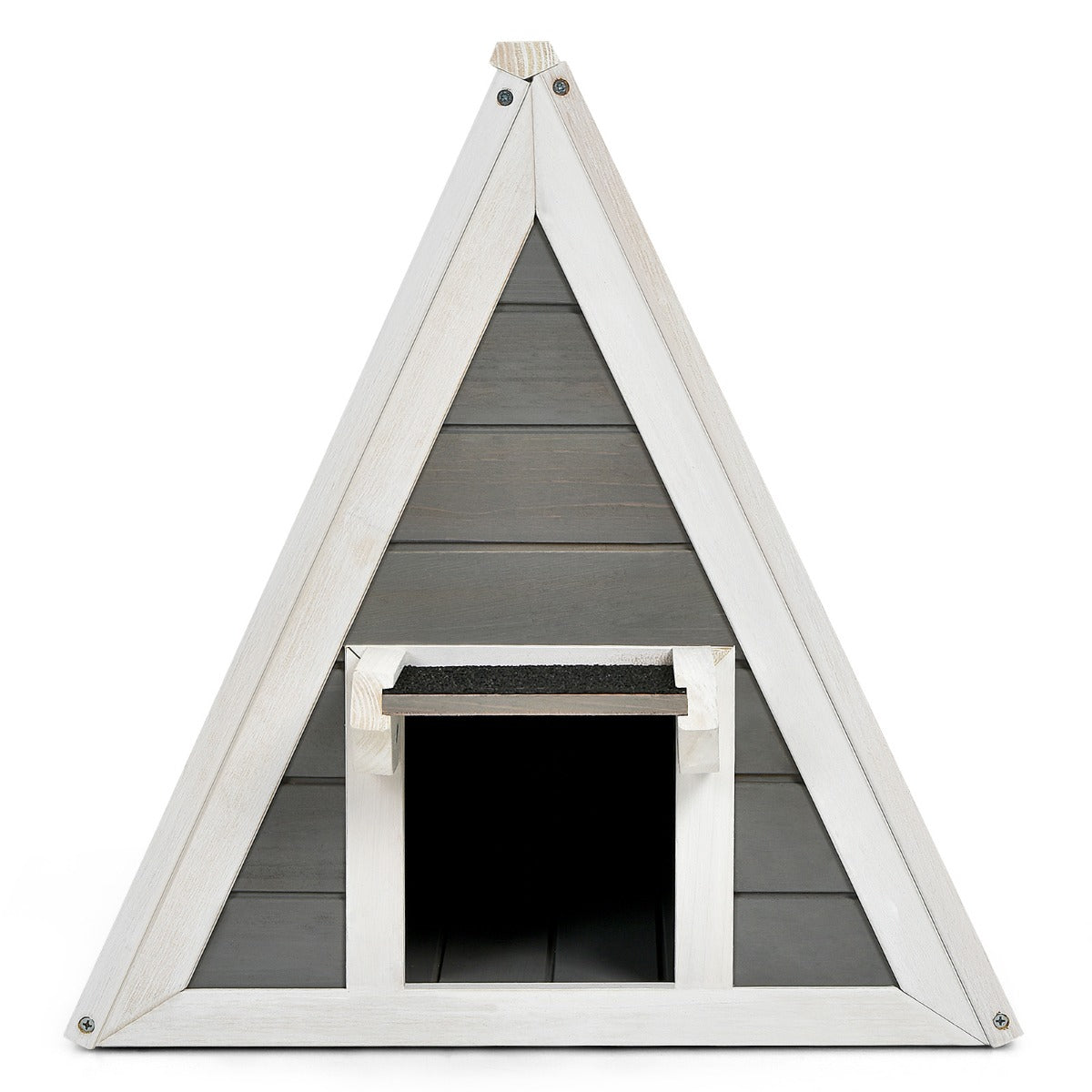 LIVSK Driehoekig Houten Kattenhuis - Weerbestendig en Comfortabel - Voor Kittens en Kleine Dieren - 50 x 55 x 52 cm - Grijs/Wit