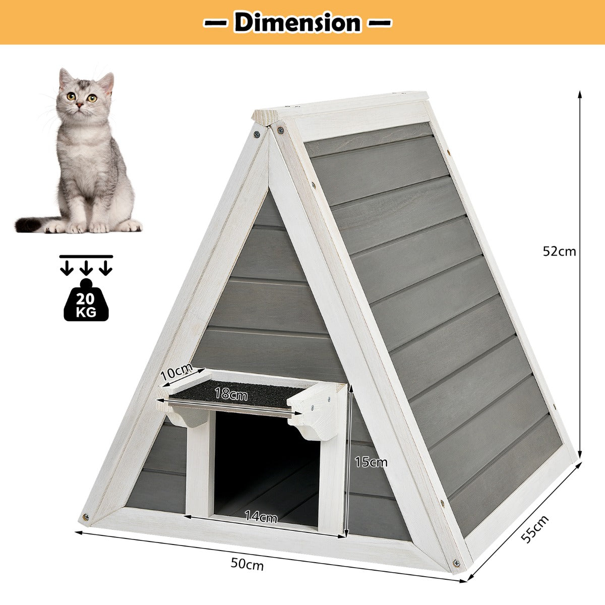 LIVSK Driehoekig Houten Kattenhuis - Weerbestendig en Comfortabel - Voor Kittens en Kleine Dieren - 50 x 55 x 52 cm - Grijs/Wit