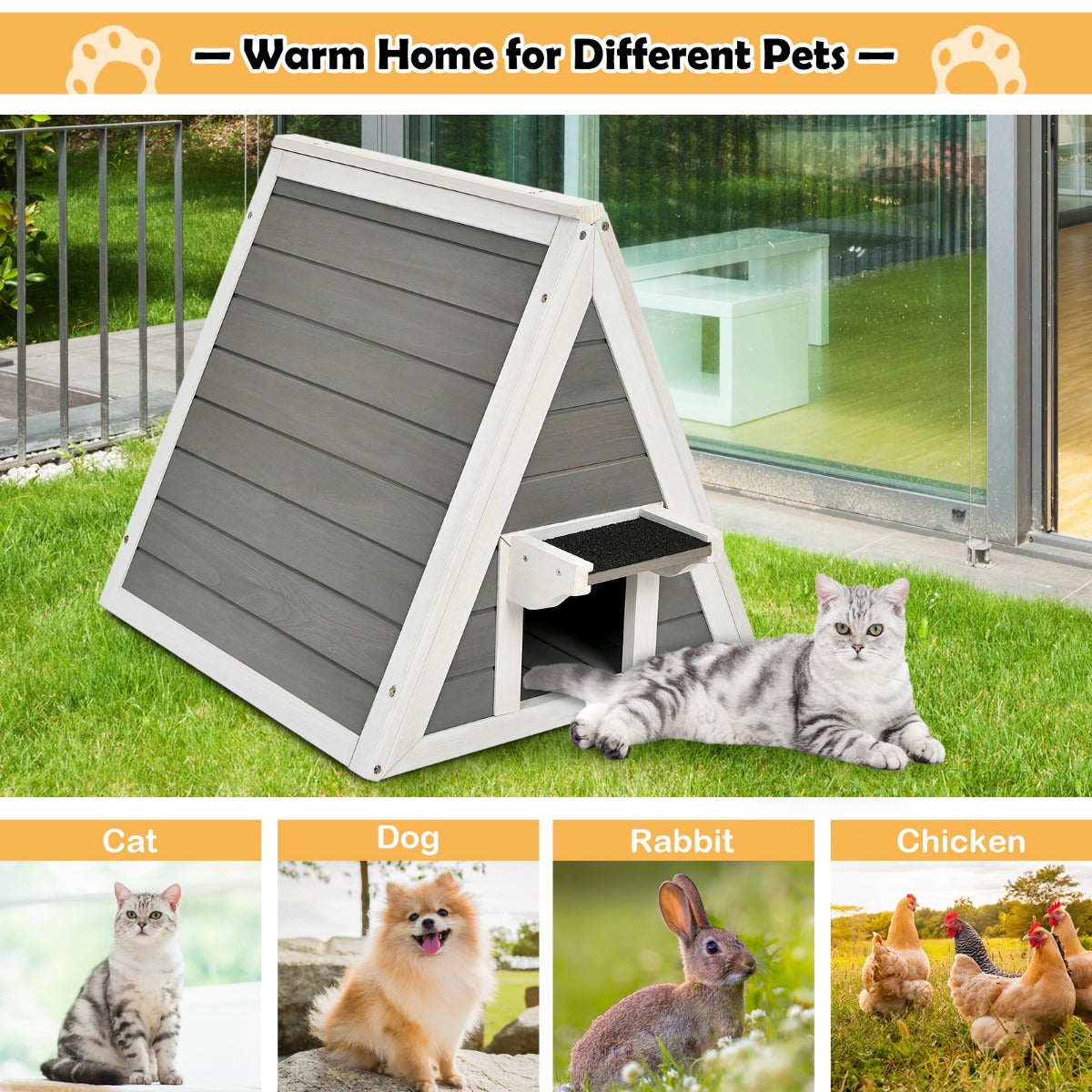 LIVSK Driehoekig Houten Kattenhuis - Weerbestendig en Comfortabel - Voor Kittens en Kleine Dieren - 50 x 55 x 52 cm - Grijs/Wit