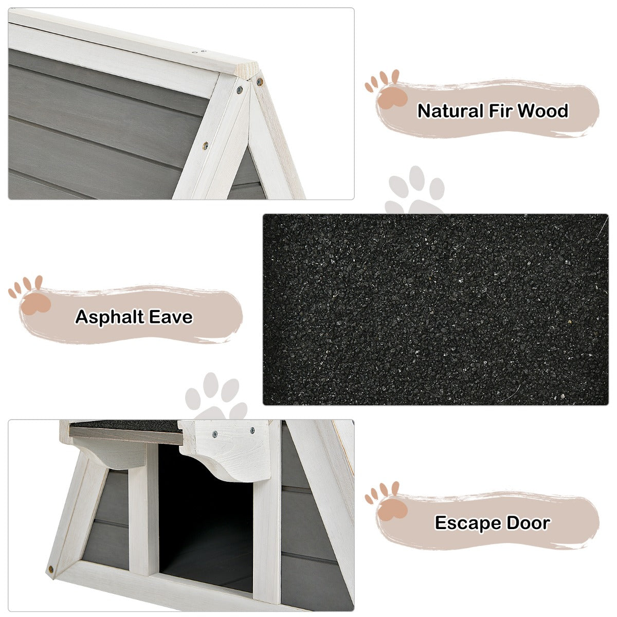 LIVSK Driehoekig Houten Kattenhuis - Weerbestendig en Comfortabel - Voor Kittens en Kleine Dieren - 50 x 55 x 52 cm - Grijs/Wit