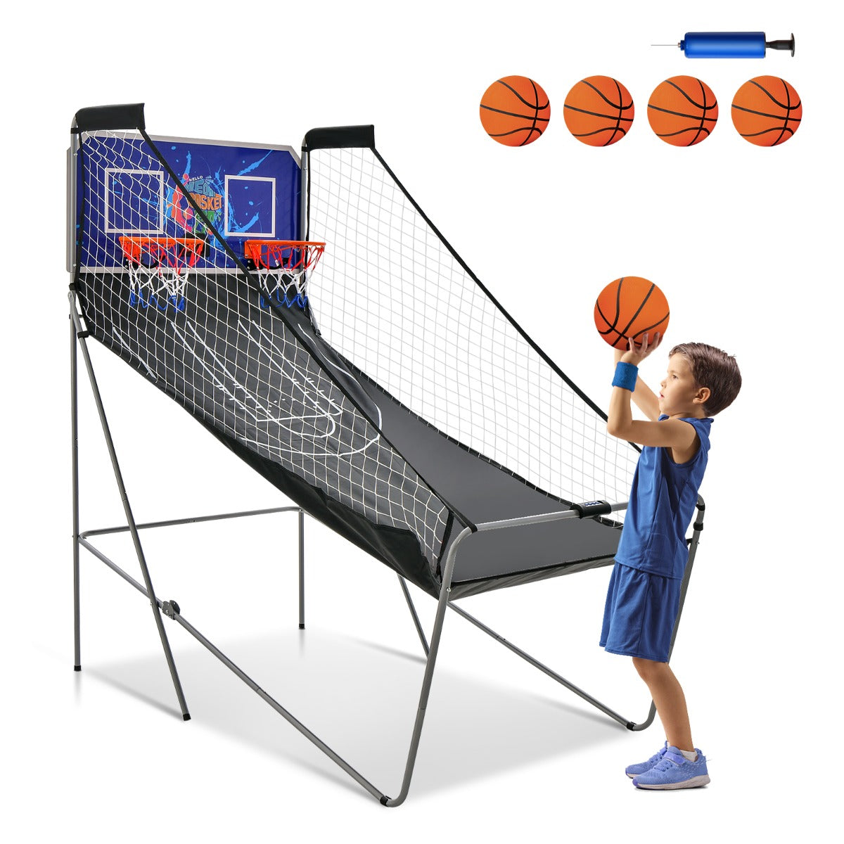 LIVSK Elektronisch Basketbal Spel - Dubbel Schieten met 8 Spelopties - Inclusief 4 Basketballen - Duurzaam Staal - Donkerblauw +