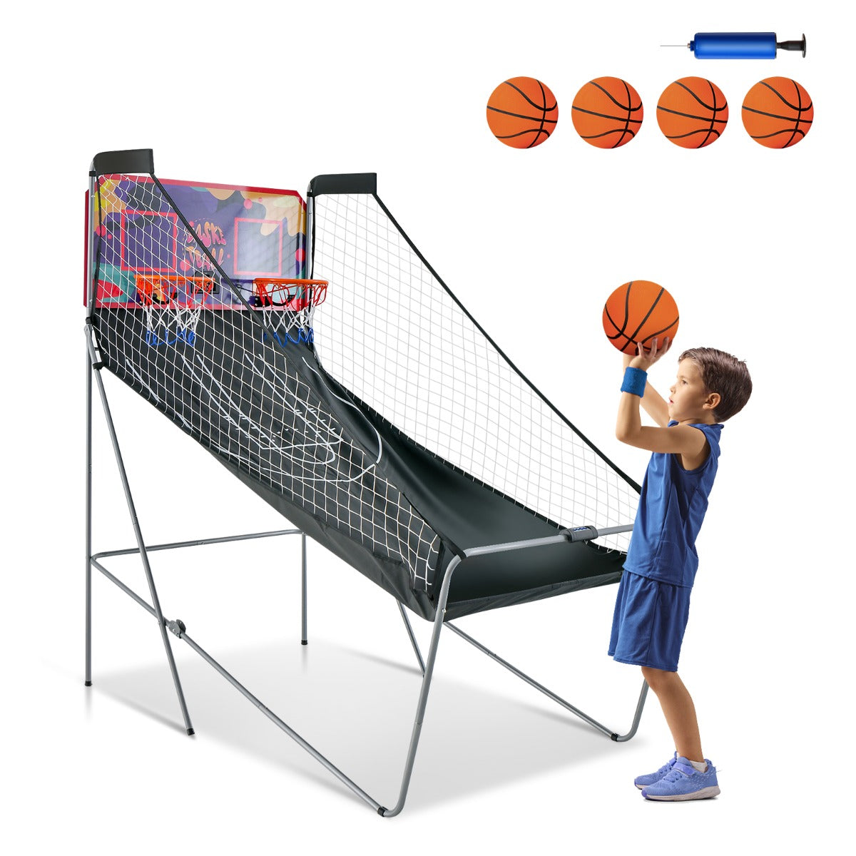 LIVSK Dubbele Elektronische Basketbal Schietmachine - 8 Spelopties - Inclusief 2 Ringen en 4 Basketballen - Duurzaam - 203 x 110