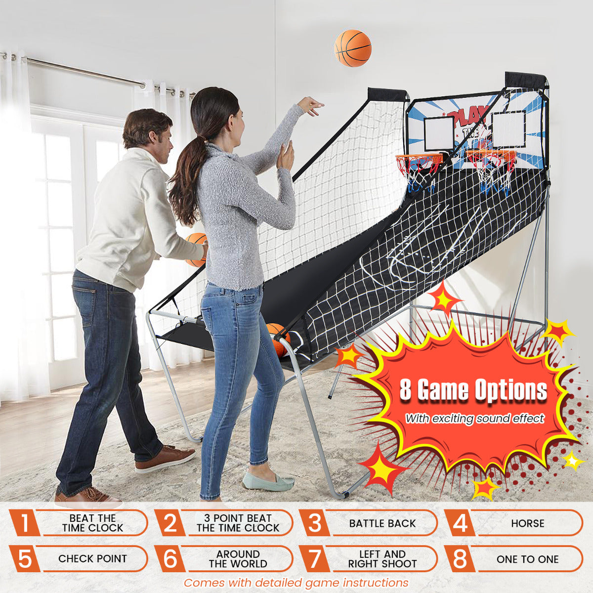 LIVSK Dubbele Basketbal Arcade Spelmachine - 8 Spelmodi - Nauwkeurig Scoresysteem - Opvouwbaar - Voor 1 tot 4 Spelers - Zwart