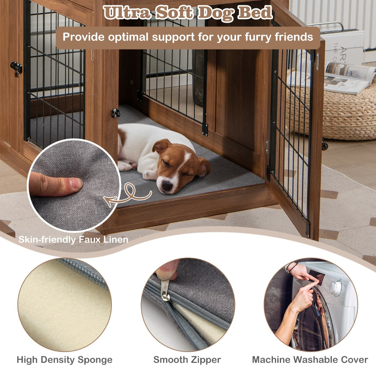 LIVSK Hoekbox voor Honden - Comfortabel Kussen - Praktische Bijzettafel - Duurzaam Ontwerp - 92 x 59 x 66,5 cm - Walnoot