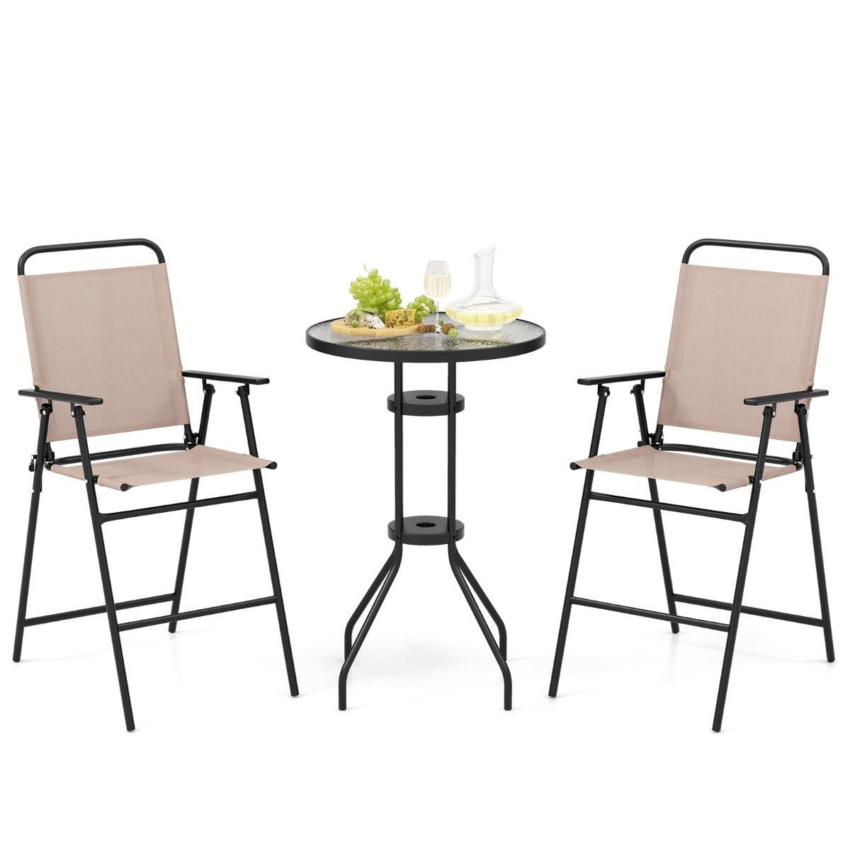 LIVSK Bartafelset 3-delig - Ronde Geharde Glasplaat - Inklapbare Stoelen - Parasolgat - Weerbestendig - Beige