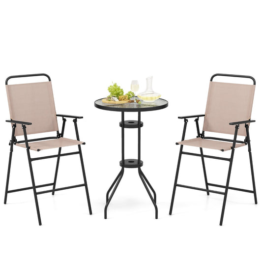LIVSK Bartafelset 3-delig - Ronde Geharde Glasplaat - Inklapbare Stoelen - Parasolgat - Weerbestendig - Beige