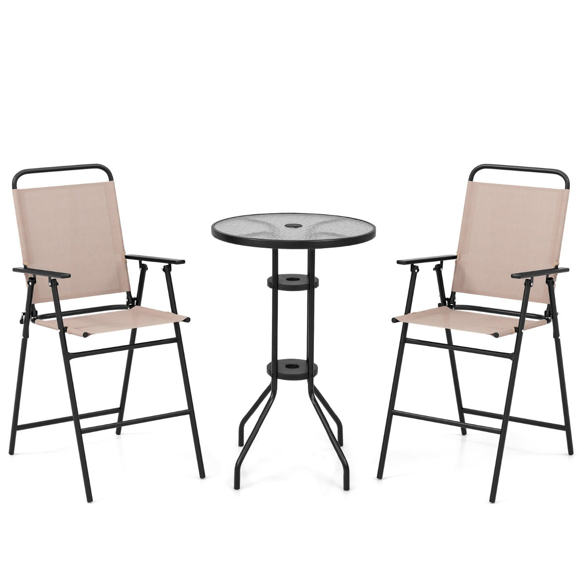 LIVSK Bartafelset 3-delig - Ronde Geharde Glasplaat - Inklapbare Stoelen - Parasolgat - Weerbestendig - Beige