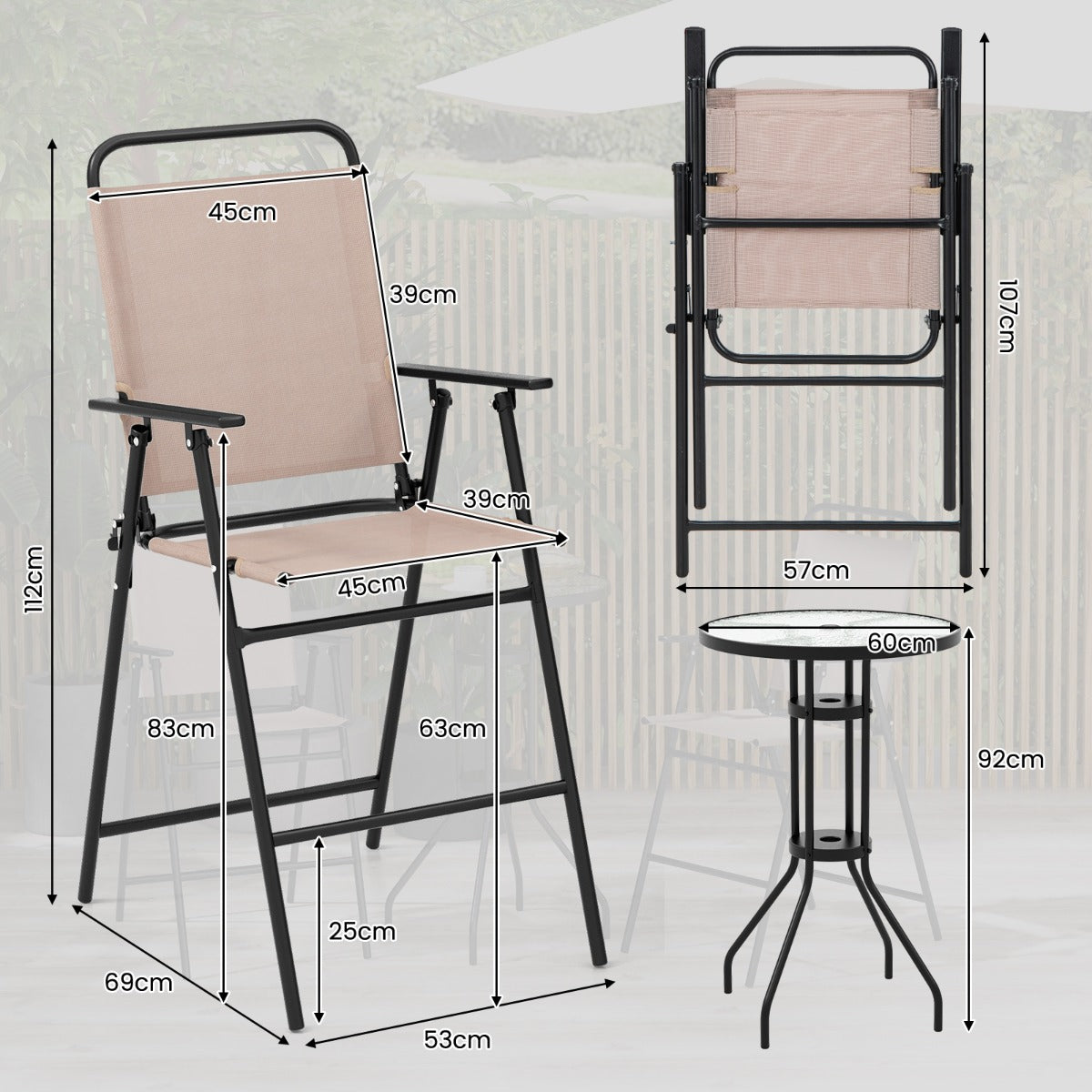 LIVSK Bartafelset 3-delig - Ronde Geharde Glasplaat - Inklapbare Stoelen - Parasolgat - Weerbestendig - Beige