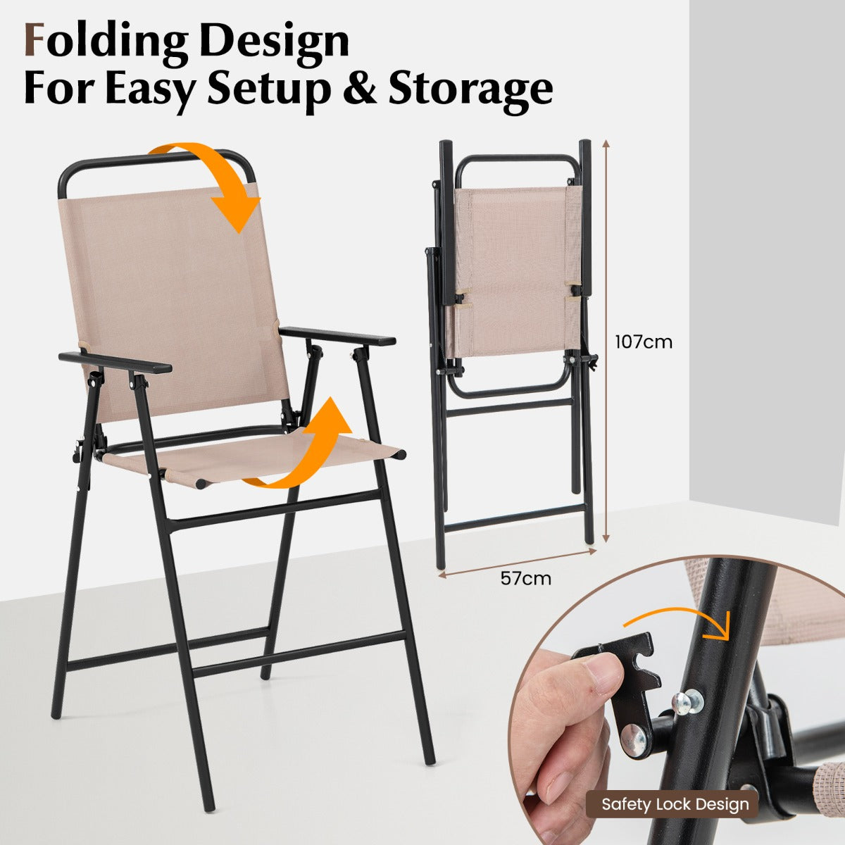 LIVSK Bartafelset 3-delig - Ronde Geharde Glasplaat - Inklapbare Stoelen - Parasolgat - Weerbestendig - Beige