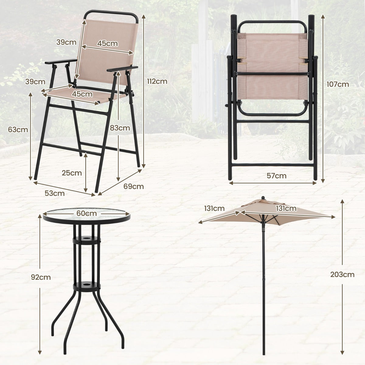 LIVSK Terrasmeubelset met Parasol - Inklapbare Barkrukken - Ergonomisch Ontwerp - Weerbestendig - Beige en Zwart