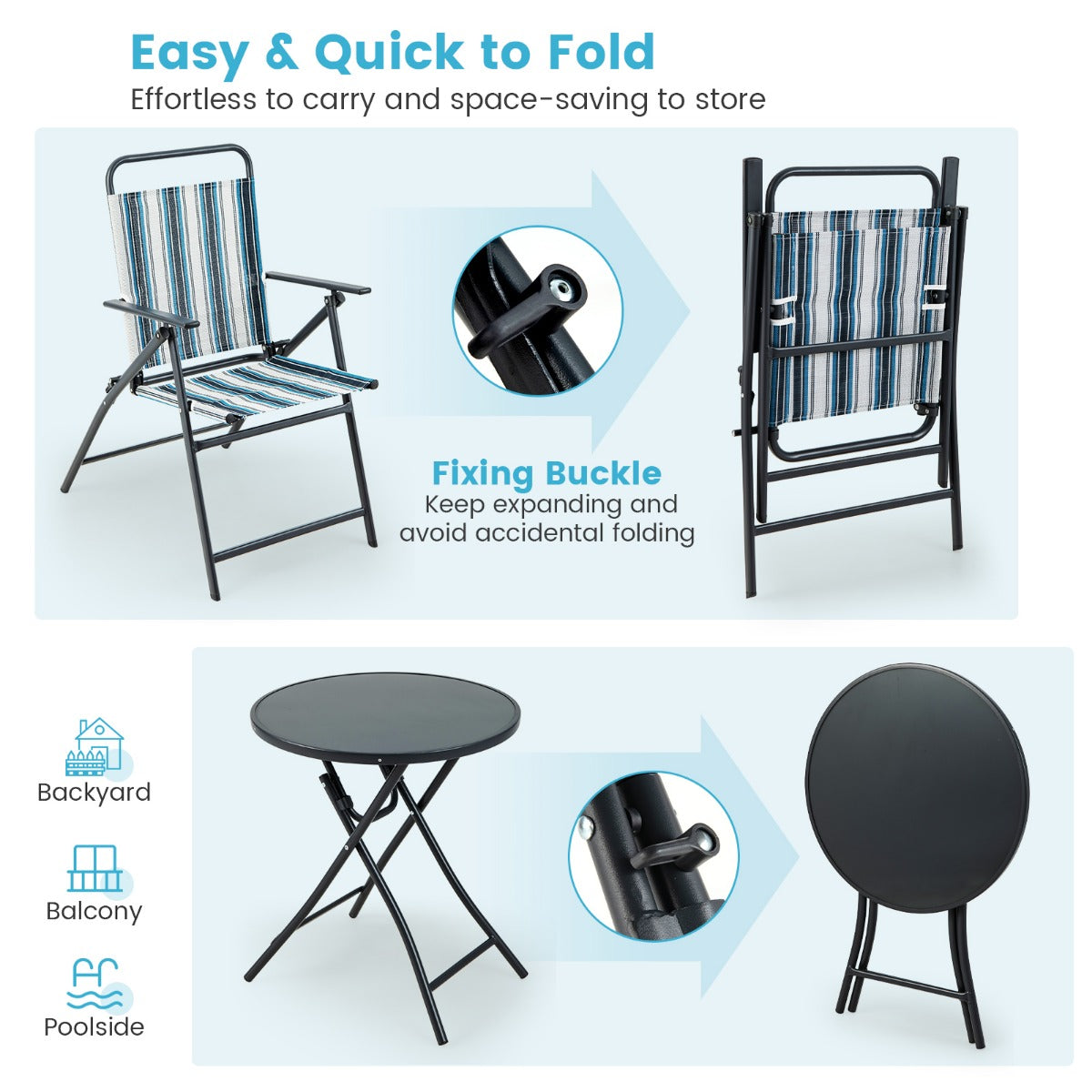 LIVSK Opvouwbare Terrasstoelenset met Ronde Tafel - Ergonomisch - Ademend - Stabiel Metaal - Voor Tuin of Balkon - Grijs