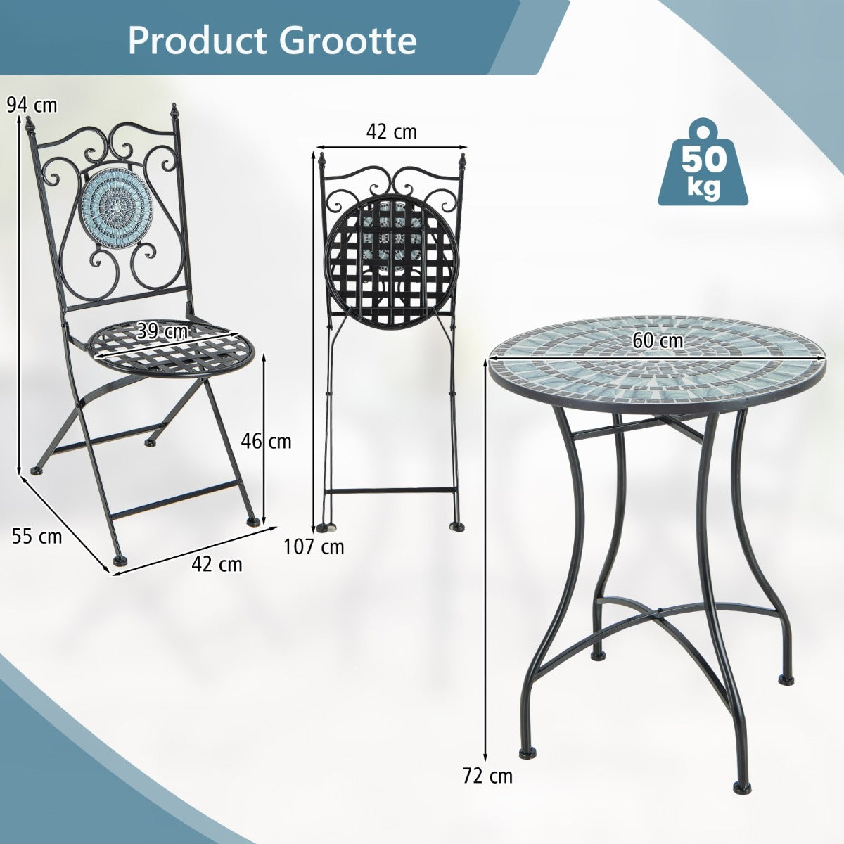 LIVSK Mozaïekstoelenset - 3 Delig met Inklapbare Stoelen - Duurzaam en Ergonomisch - Voor Binnen en Buiten - Zoals afgebeeld