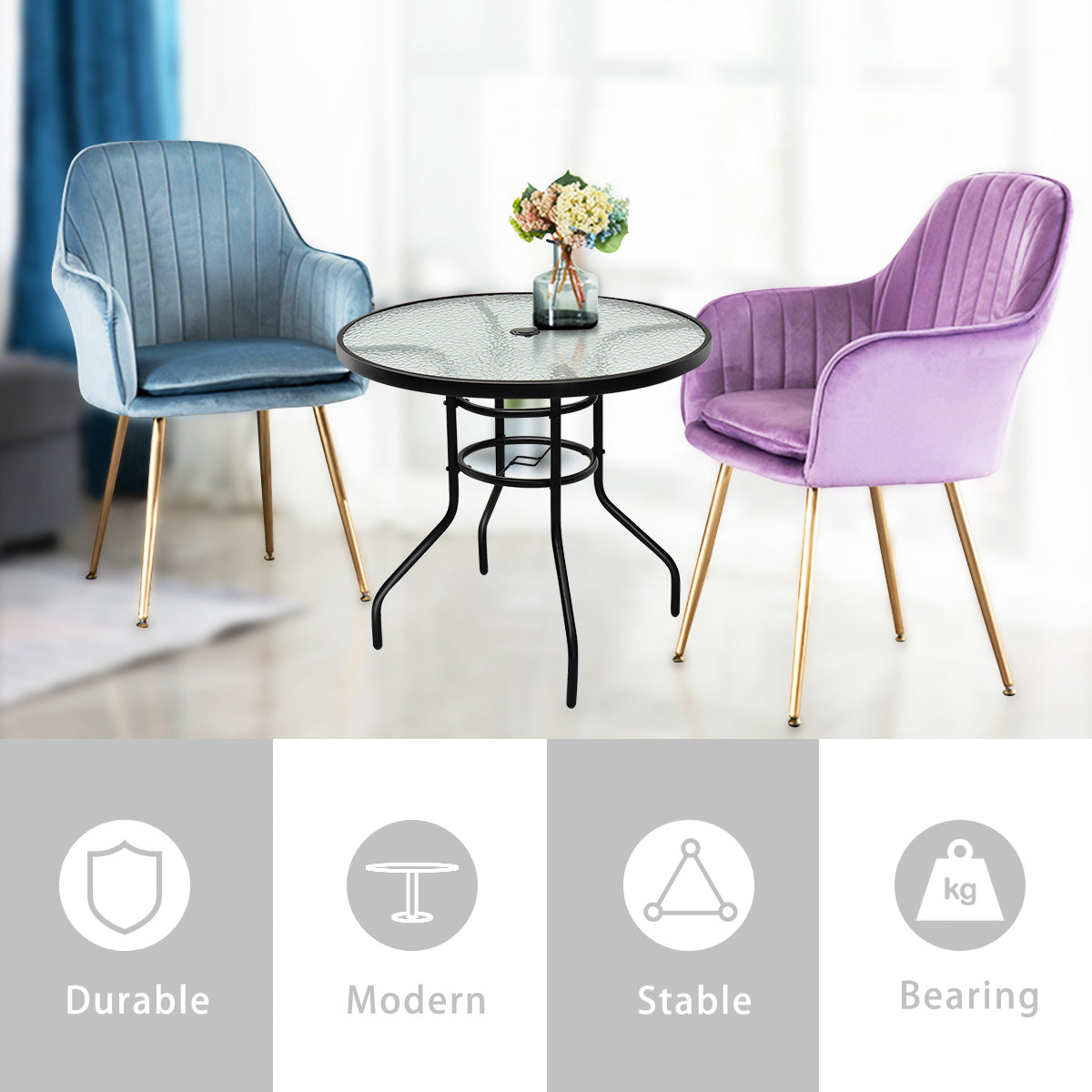 LIVSK Patiotafel voor Buiten - Gehard Glas Tafelblad - Paraplugat - Weerbestendig - 81 x 81 x 71 cm - Zwart