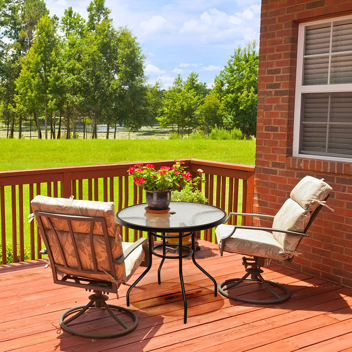 LIVSK Patiotafel voor Buiten - Gehard Glas Tafelblad - Paraplugat - Weerbestendig - 81 x 81 x 71 cm - Zwart