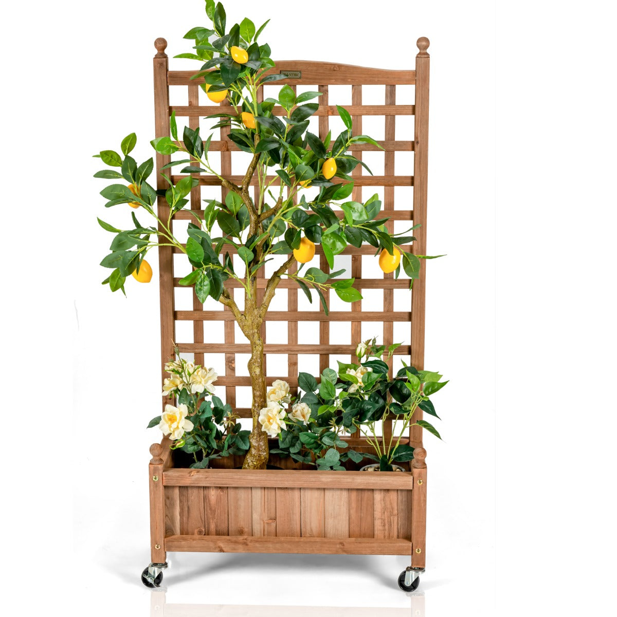 LIVSK Plantenbak met Klimsteun op Wielen - Diepe Plantenbak met Afwateringsgat - Voor Binnen en Buiten - 64 x 28 x 127 cm - Bruin