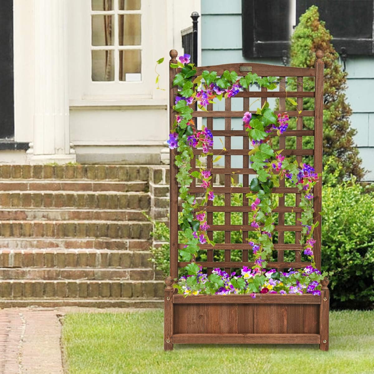 LIVSK Plantenbak met Klimrek - Massief Dennenhout - Weerbestendig - Waterafvoersysteem - 64,5 x 28 x 120 cm - Donkerbruin