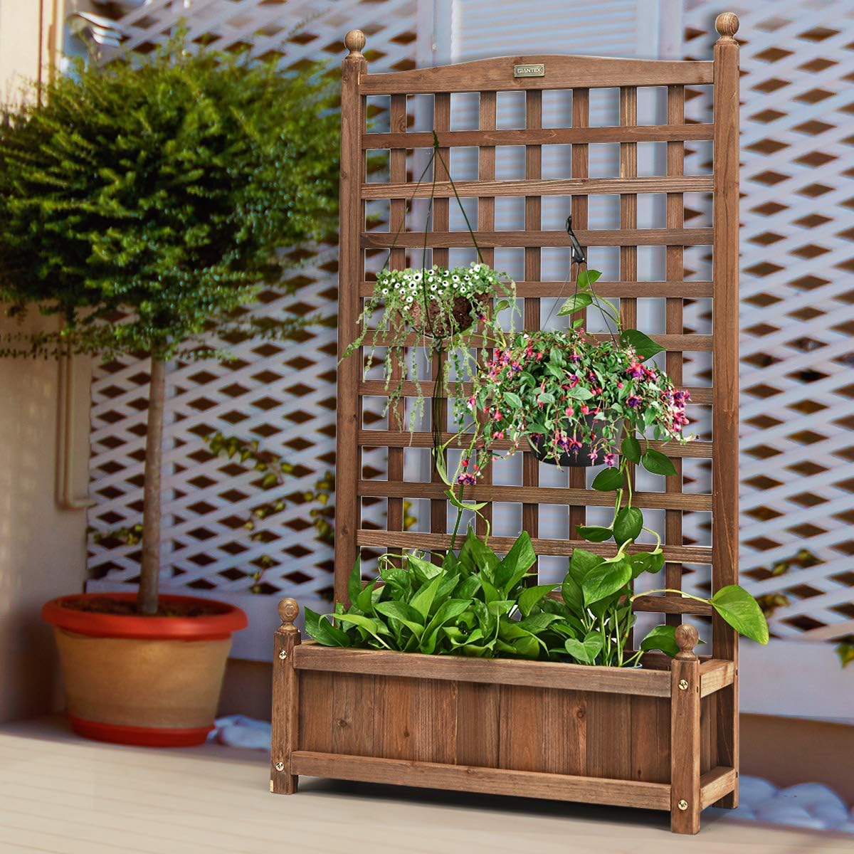 LIVSK Plantenbak met Klimrek - Massief Dennenhout - Weerbestendig - Waterafvoersysteem - 64,5 x 28 x 120 cm - Donkerbruin