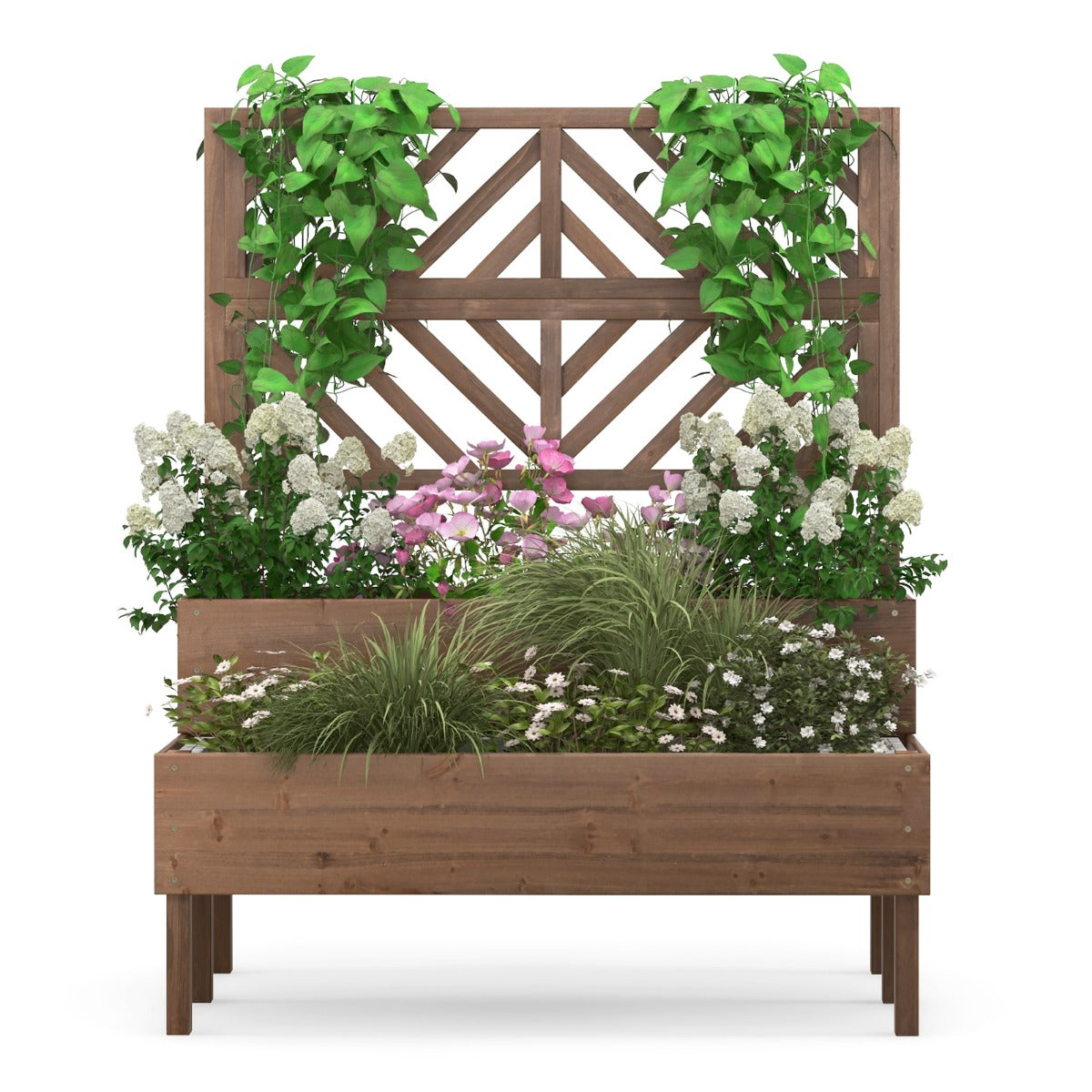 LIVSK 2-in-1 Verhoogde Plantenbak van Dennenhout - Met Klimplantenlatwerk - Waterafvoer - Ergonomische Hoogte - 109 x 62 x 135 cm