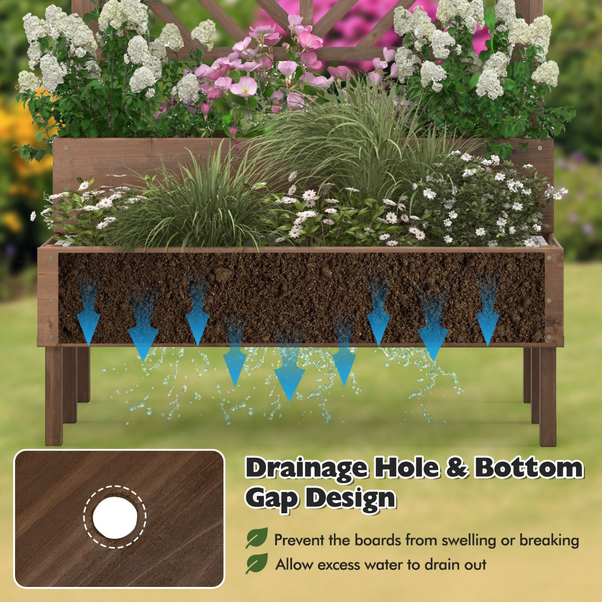LIVSK 2-in-1 Verhoogde Plantenbak van Dennenhout - Met Klimplantenlatwerk - Waterafvoer - Ergonomische Hoogte - 109 x 62 x 135 cm