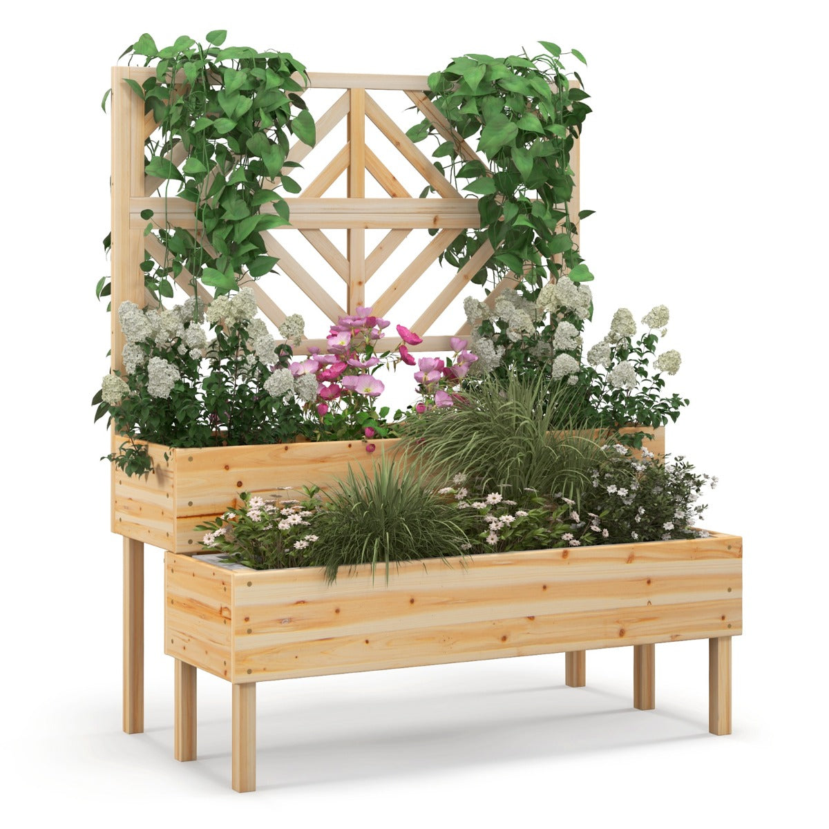 LIVSK 2-in-1 Verhoogde Plantenbak - Met Latwerk en Waterafvoer - Ergonomische Hoogte - 109 x 62 x 135 cm - Natuur