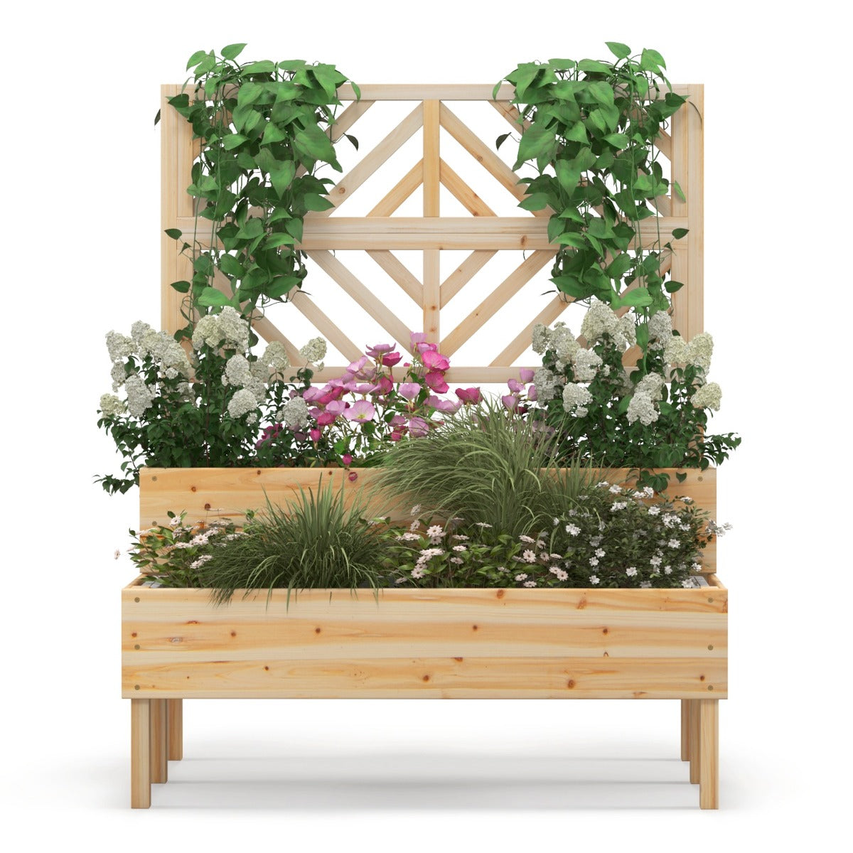 LIVSK 2-in-1 Verhoogde Plantenbak - Met Latwerk en Waterafvoer - Ergonomische Hoogte - 109 x 62 x 135 cm - Natuur