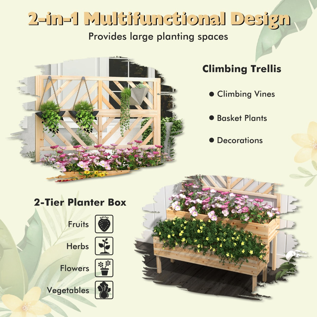 LIVSK 2-in-1 Verhoogde Plantenbak - Met Latwerk en Waterafvoer - Ergonomische Hoogte - 109 x 62 x 135 cm - Natuur