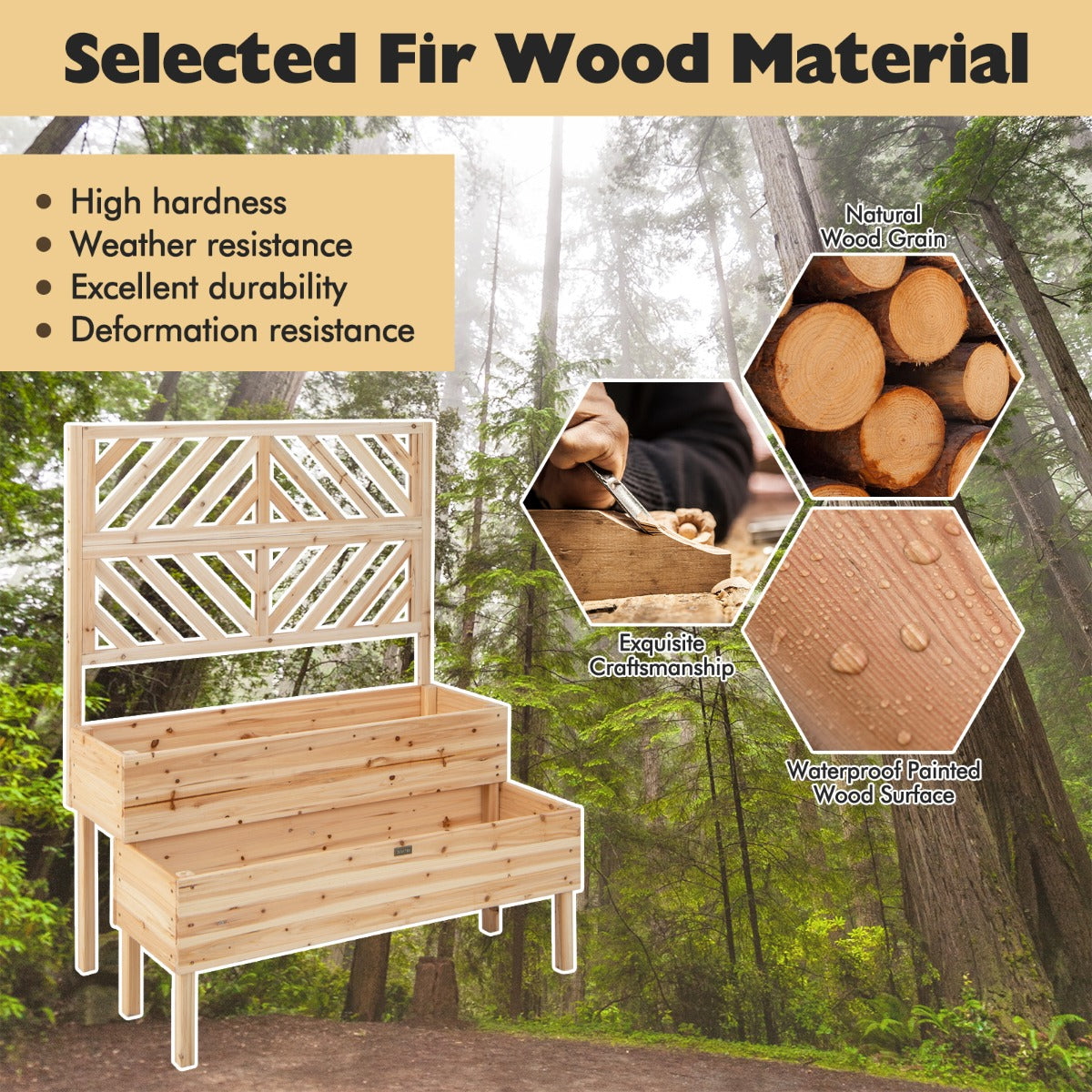 LIVSK 2-in-1 Verhoogde Plantenbak - Met Latwerk en Waterafvoer - Ergonomische Hoogte - 109 x 62 x 135 cm - Natuur