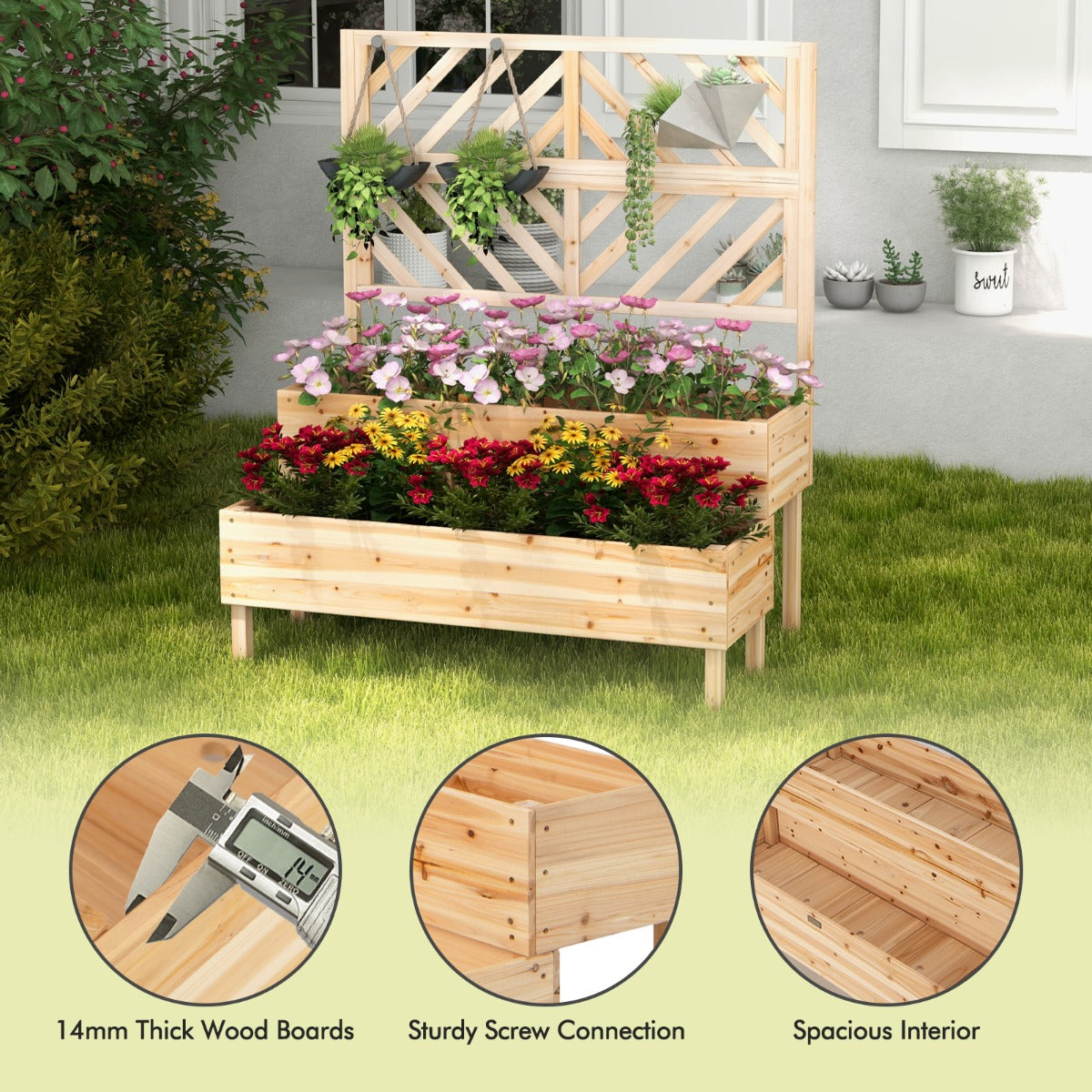 LIVSK 2-in-1 Verhoogde Plantenbak - Met Latwerk en Waterafvoer - Ergonomische Hoogte - 109 x 62 x 135 cm - Natuur