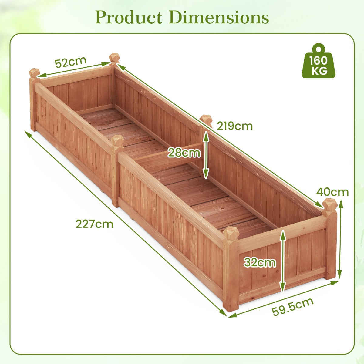 LIVSK Verhoogd Tuinbed van Vurenhout - 0,35 m³ - Afwateringsgaten - Verwijderbare Bodempanelen - 227 x 59,5 x 40 cm - Rustiek