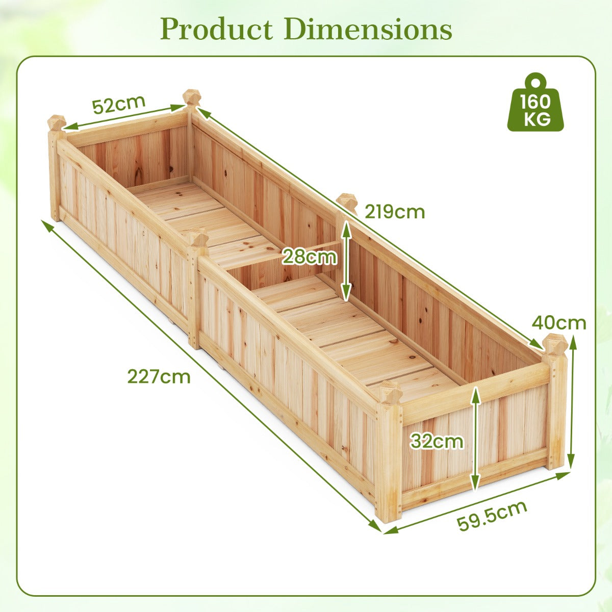 LIVSK Houten Plantenbak met Scheidingswand - Duurzaam Dennehout - Intelligent Drainagesysteem - Ruime Afmetingen 227 x 59,5 x 40