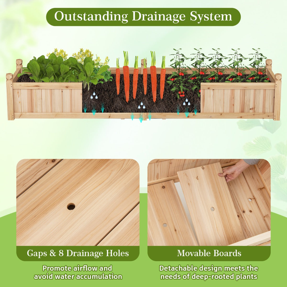 LIVSK Houten Plantenbak met Scheidingswand - Duurzaam Dennehout - Intelligent Drainagesysteem - Ruime Afmetingen 227 x 59,5 x 40