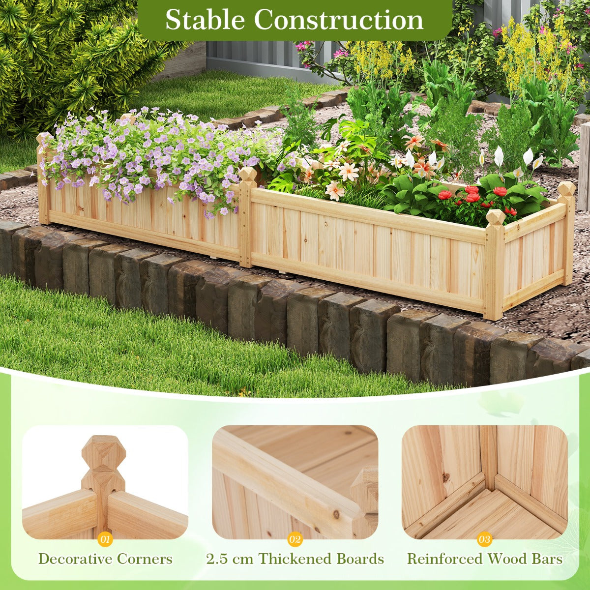 LIVSK Houten Plantenbak met Scheidingswand - Duurzaam Dennehout - Intelligent Drainagesysteem - Ruime Afmetingen 227 x 59,5 x 40