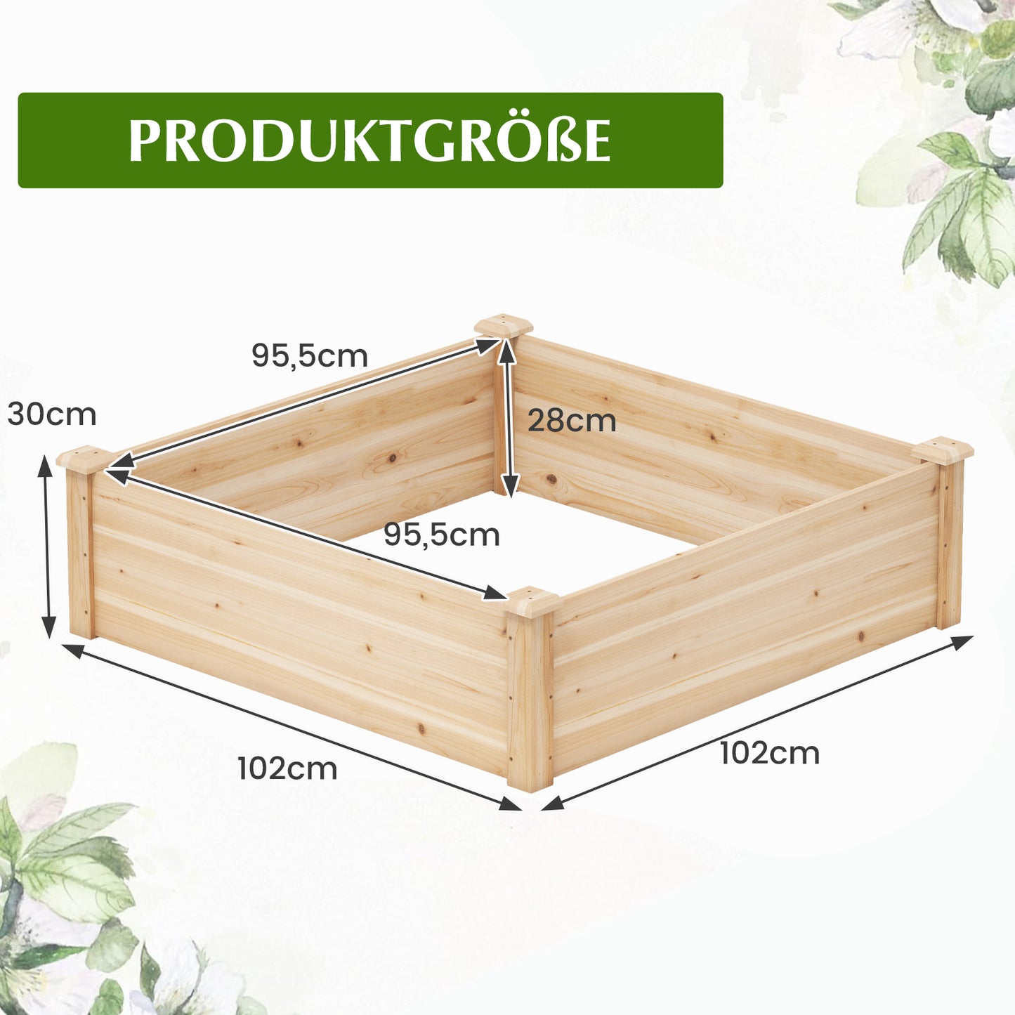 LIVSK Houten Verhoogd Plantenbed - Open Bodem voor Gezonde Wortels - Duurzaam Sparrenhout - Ruim 102 x 102 x 30 cm - Natuurlijk