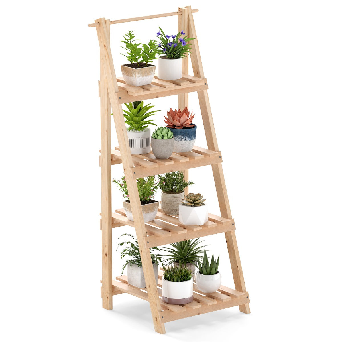 LIVSK Plantenstandaard - Inklapbaar met 4 Treden - Duurzaam Dennenhout - Ruimtebesparend - Voor Planten en Decoraties - Natuurlijk