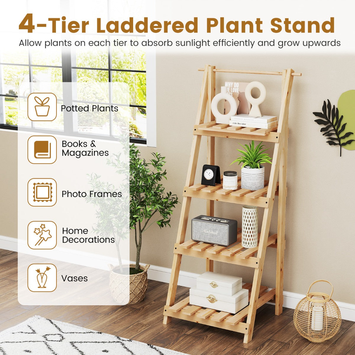 LIVSK Plantenstandaard - Inklapbaar met 4 Treden - Duurzaam Dennenhout - Ruimtebesparend - Voor Planten en Decoraties - Natuurlijk