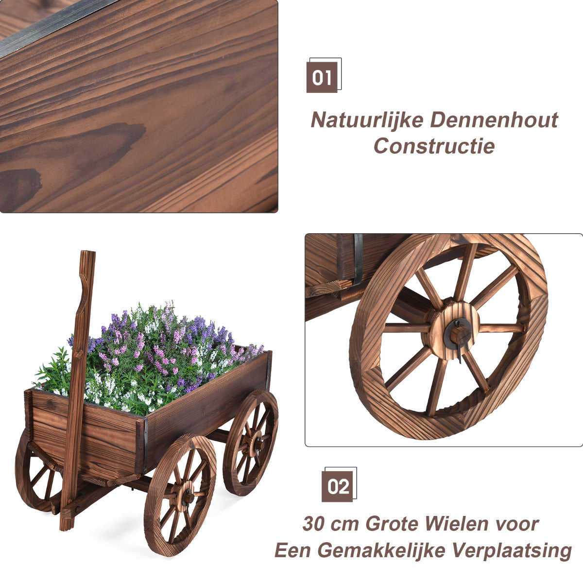 LIVSK Houten Plantenbak Kar - Massief Sparrenhout - Ruime Opslag - 4 Wielen - Gemakkelijk te Verplaatsen - 120 x 43 x 53,5 cm -