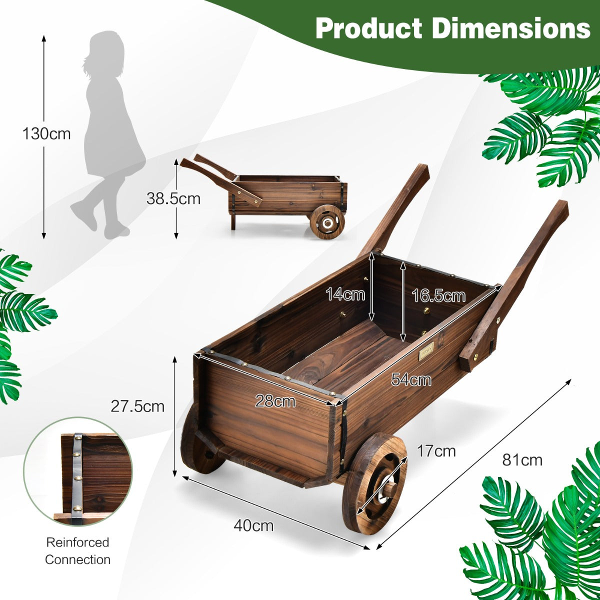 LIVSK Kruiwagen Plantenwagen - Gecarboniseerd Dennenhout - Antieke Uiterlijk - Afvoergat - Wielen - 81 x 40 x 38,5 cm - Rustiek
