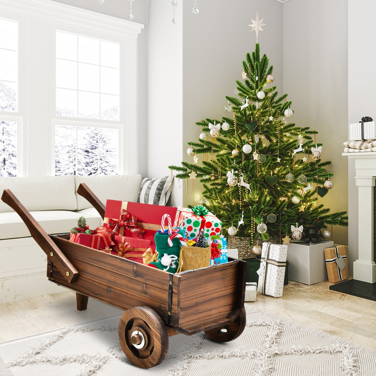 LIVSK Kruiwagen Plantenwagen - Gecarboniseerd Dennenhout - Antieke Uiterlijk - Afvoergat - Wielen - 81 x 40 x 38,5 cm - Rustiek