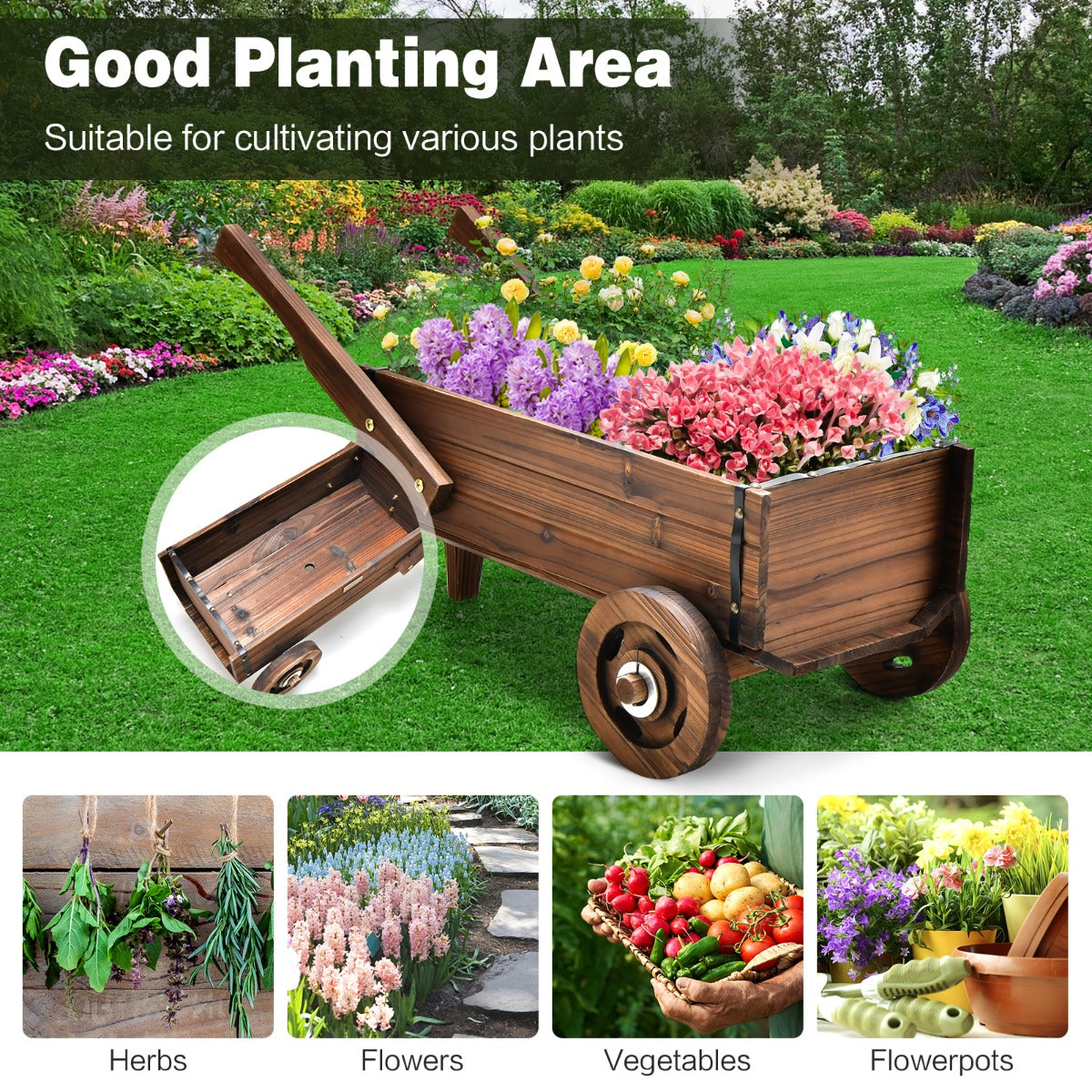 LIVSK Kruiwagen Plantenwagen - Gecarboniseerd Dennenhout - Antieke Uiterlijk - Afvoergat - Wielen - 81 x 40 x 38,5 cm - Rustiek