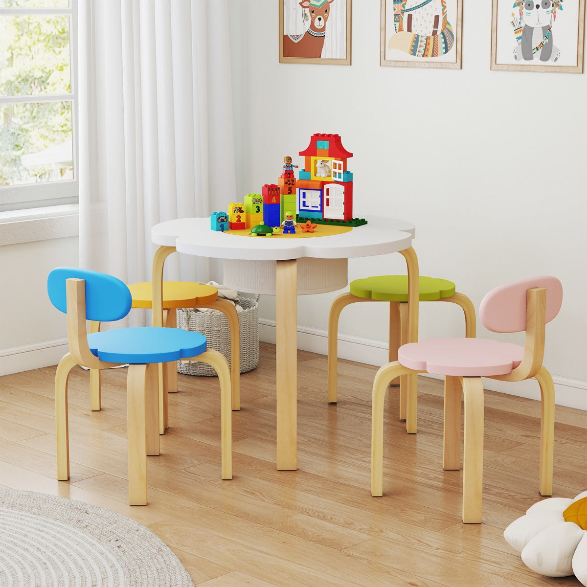 Livsk costway bloemvormige kinderbureau en stoelset kinderstoelset 6