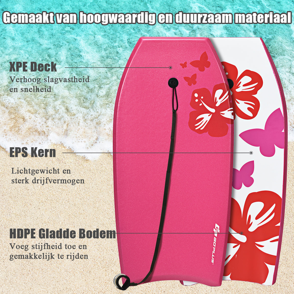 LIVSK Lichtgewicht Bodyboard - Halvemaanvormige Staart - EPS-kern - Safety Leash - Tot 95 kg - 106 x 51 x 6 cm - Roze