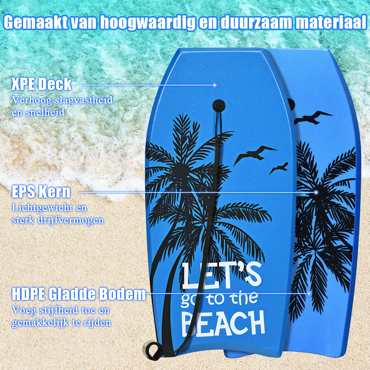 LIVSK Lichtgewicht Bodyboard - Halvemaanvormige Staart - Hoog Drijfvermogen - Safety Leash - Voor 14+ - 106 x 51 x 6 cm - Blauw