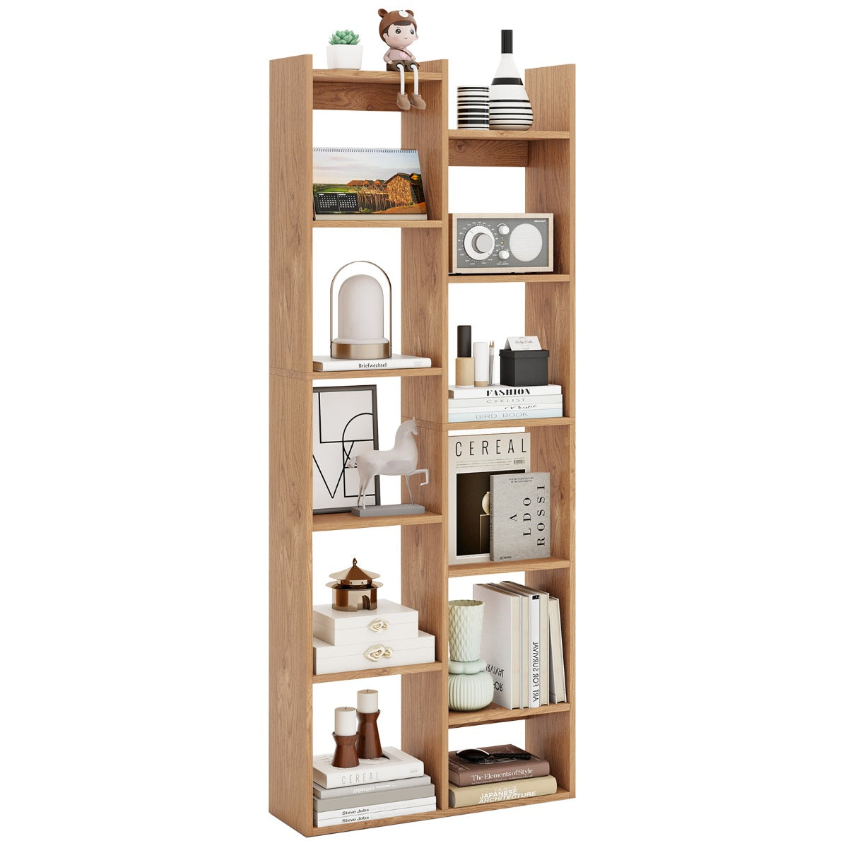 LIVSK Boekenkast 12-Niveaus - Stevig Houten Frame met Anti-Kantelsets - Modern Boomvormig Ontwerp - 65 x 20 x 162 cm - Naturel/Wit